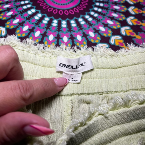 ONeill Womens Lime Green Crinkle Gauze Wide Leg Beach Pants Large Fringe Trim LG - Picture 5 of 5